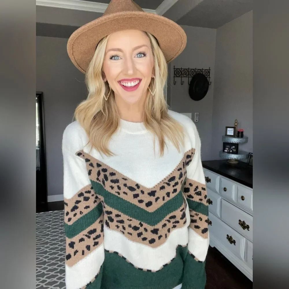 🇬🇪🔹️Bibi Green, Ivory, Leopard Chevron Knit Long Sleeve Sweater Small